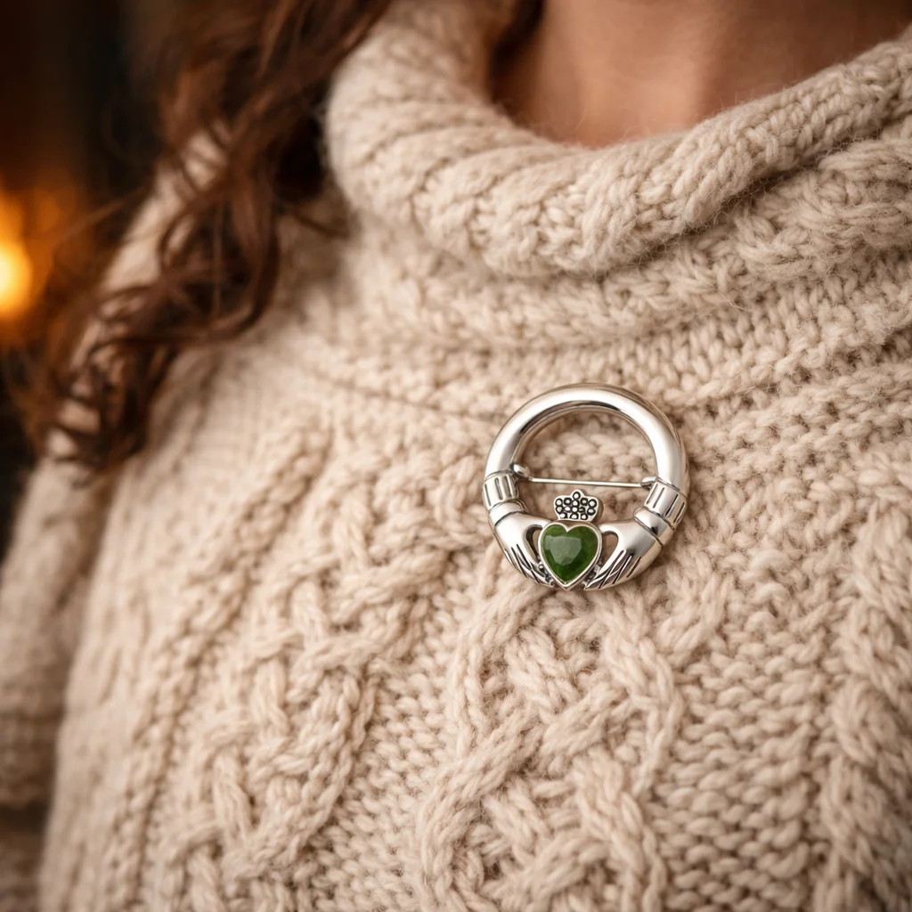 Silver Irish Claddagh Brooch with Gemstone – Celtic Heritage Jewelry Gift - Image 2 | CeltHaus
