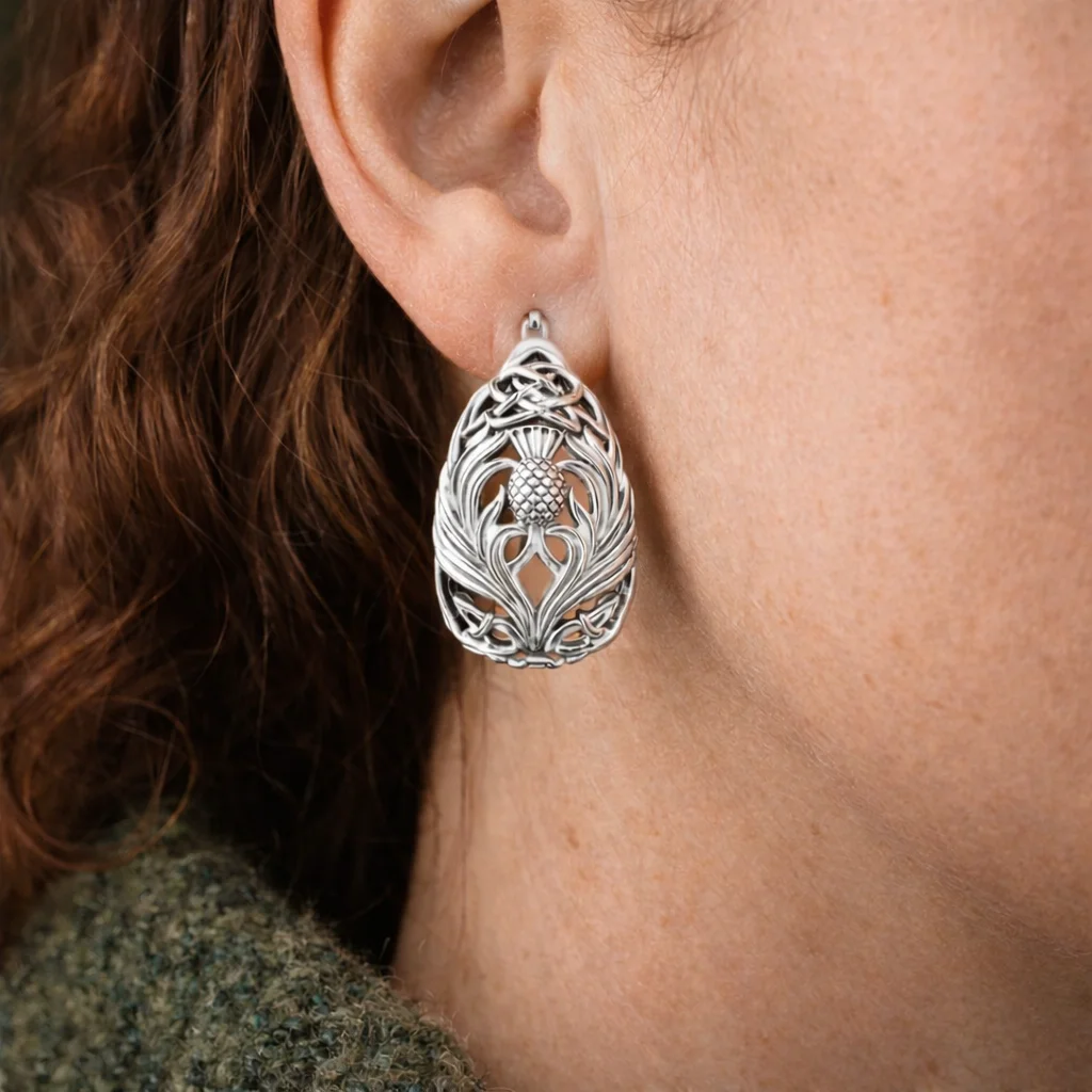 Teardrop Celtic Knotwork Post Earrings with Thistle Motif – Sterling Irish Heritage Jewelry - Image 2 | CeltHaus